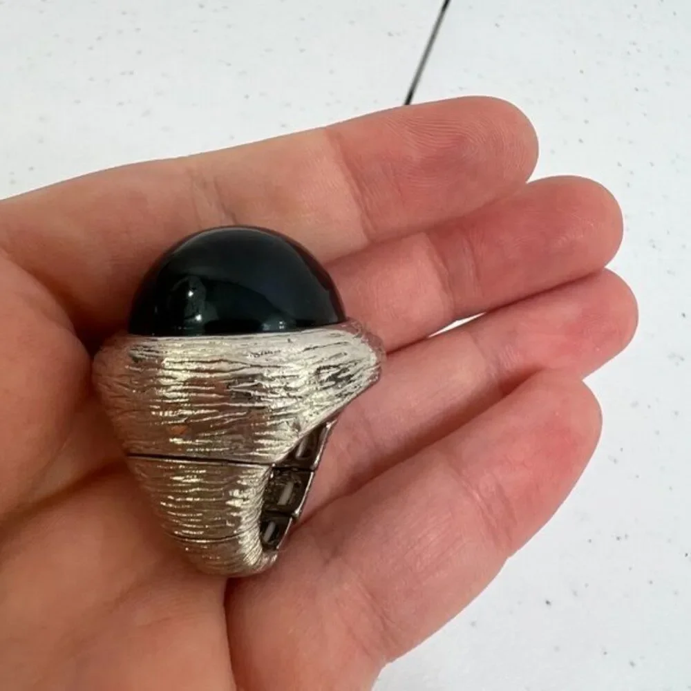 Cocktail Ring Black Silver Tone Stretch Adjustable Big Gaudy Dome Textured  Used